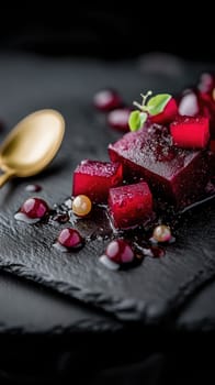 Fermented plum and beetroot cubes artfully presented with kombucha pearls on a black slate plate. A single gold spoon complements the luxurious, dark ambiance of the composition.