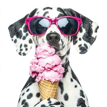 A Dalmatian with black spots wear sunglasses while holding a cone with pink ice cream. The dog has a confident expression, centered against a minimalist white background.