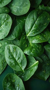 Close-up of vibrant leafy greens adorned with citrus droplets, showcasing rich textures and intricate veins against a deep green backdrop, highlighting seasonal freshness and intimacy in detail.