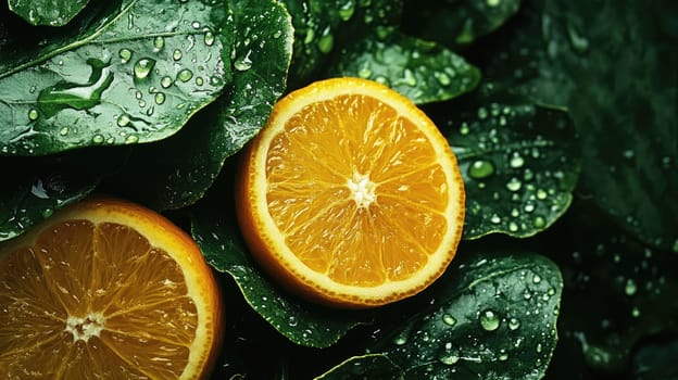 Close-up view of vibrant leafy greens spritzed with citrus droplets, showcasing the intricate veins and textures. This seasonal arrangement highlights the freshness and intimacy of nature's bounty.