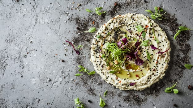 Plant-based protein spread features hummus, falafel, and tahini swirls adorned with microgreens, artfully arranged on a concrete slab with scattered spices, emphasizing modern rustic aesthetics.