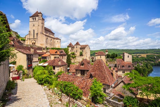View over the old village of Saint-Cirq-Lapopie in the Occitanie region of southwestern France