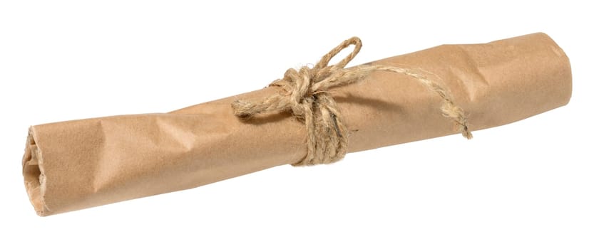 Rolled kraft paper tied with twine, isolated background