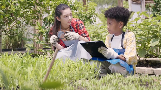 Happy children farmer hands holding magnifying glass and looking at vegetables in hydroponics farm, Biotechnology kid examining plant leaf, agriculture school learning research for science concept