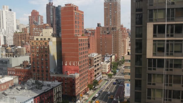 New York City, United States - 4 Sept 2023: Roosevelt Island tramway to Manhattan Midtown streets. American cable tram, Queensboro Bridge. Urban public transport, USA. Building architecture cityscape.