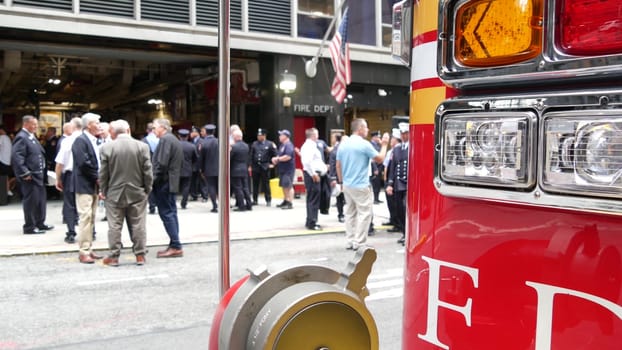 New York City, United States - 11 September 2023: Firefighters celebrate Patriot Day. 911 memorial remembrance event, FDNY commemorate anniversary. Fire Department Station, Manhattan Midtown firehouse