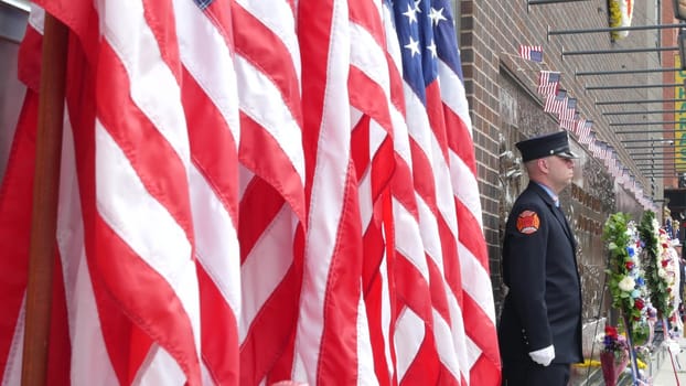 New York City, United States - 11 September 2023: Firefighters celebrate Patriot Day. Guard honoring 911, Memorial wall, FDNY commemorate anniversary. Fire Depart Station, Manhattan 10 Ten Firehouse.