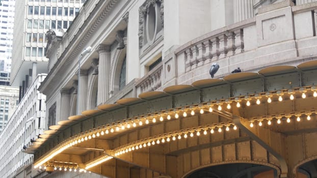 New York City, United States - 4 Sept 2023: Grand Central Terminal railway station building architecture, 42 street. Manhattan Midtown, Pershing Square, NYC, USA. American transport. Retro light bulbs