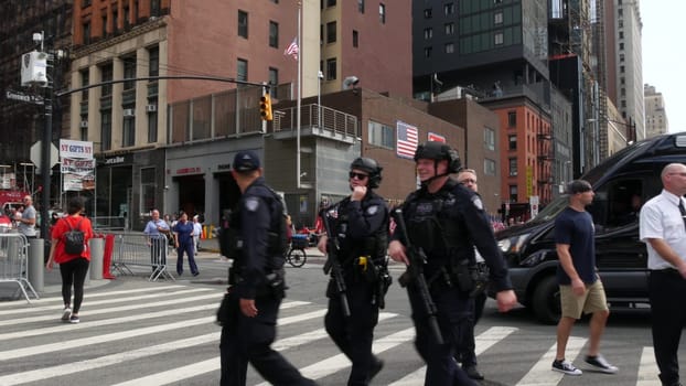 New York City, United States - 11 September 2023: Firefighters on Patriot Day. 911 memorial remembrance event, FDNY commemorate anniversary. Fire Department Station, Manhattan 10 Ten Firehouse. Police