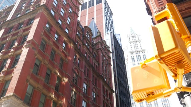 New York City, United States - 3 Sept 2023: Lower Manhattan, Downtown Financial District architecture. Woolworth building skyscraper, Beekman street, USA. American urban scene. Gothic tower. Red brick