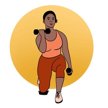 Hand drawn illustration of fitness training woman. Physical exercises gym session working out, modern sport art, confident fit female, weightlifting bodybuilding muscles, young girl athletic