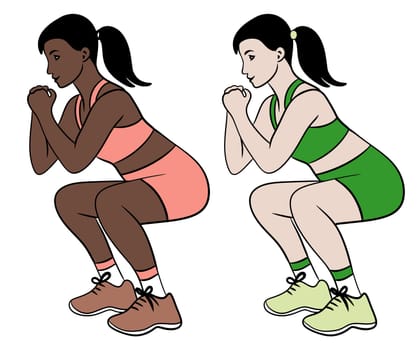 Hand drawn illustration of fitness training woman. Physical exercises gym session working out, modern sport art, confident fit female, weightlifting bodybuilding muscles, young girl athletic