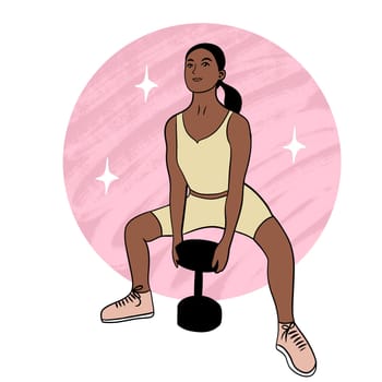 Hand drawn illustration of fitness training woman. Physical exercises gym session working out, modern sport art, confident fit female, weightlifting bodybuilding muscles, young girl athletic