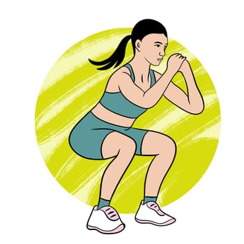 Hand drawn illustration of fitness training woman. Physical exercises gym session working out, modern sport art, confident fit female, weightlifting bodybuilding muscles, young girl athletic