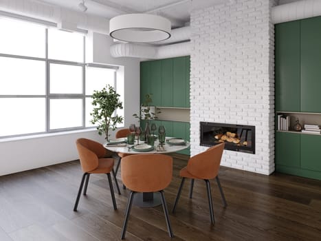 Dining area with large windows, fireplace and green cabinetry wall. 3d rendering.