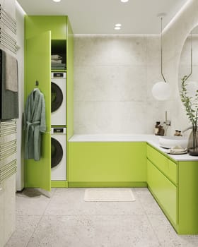 Bathroom with green cabinets, shower and stacked washing machine. 3d rendering.