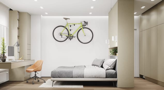 Contemporary room with mounted bike, bed and workspace corner. 3d rendering.