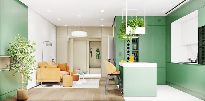 Modern kitchen interior with green cabinets, island and pendant lighting. 3d rendering.
