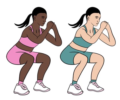 Hand drawn illustration of fitness training woman. Physical exercises gym session working out, modern sport art, confident fit female, weightlifting bodybuilding muscles, young girl athletic