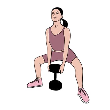 Hand drawn illustration of fitness training woman. Physical exercises gym session working out, modern sport art, confident fit female, weightlifting bodybuilding muscles, young girl athletic