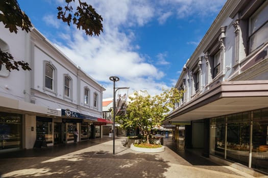 LAUNCESTON, AUSTRALIA - APRIL 10 2025: Historic buildings in Quadrant Mall in the central business district of Launceston on a cool autumn day in Tasmania, Australia