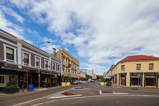 LAUNCESTON, AUSTRALIA - APRIL 10 2025: Historic buildings around Paterson St in the central business district of Launceston on a cool autumn day in Tasmania, Australia
