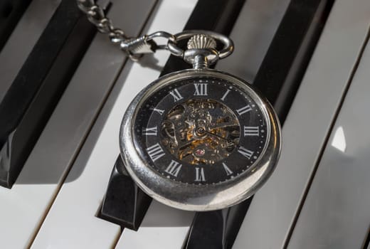 London, UK - Apr 19, 2025 - Antique pocket watch or Retro pocket watch on Piano keys background. "keys and time" use it as your Wallpaper, Poster and Space for text, Selective focus.