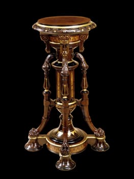this showcases an ornate antique american pedestal stand, dating back to circa 1870. its intricate wood carvings, rich brown tones, and gold accents exude classic elegance and historical charm. perfect for displaying treasured items or adding a touch of vintage sophistication to any interior.
