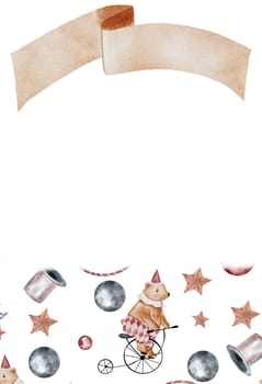 Circus watercolor card. Illustration of a Circus bear riding a bicycle on a tightrope. Hand drawn cute animals on isolated white background. Clip art of a bear in a festive cap, with a collar and pants. Perfect for posters and cards for baby shower. Drawing for children