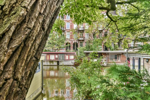 Charming residential buildings alongside a calm waterway, surrounded by vibrant greenery. A tranquil escape, perfect for nature enthusiasts and urban explorers.