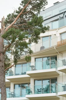 Facade of a residential building with balcony in the city center of Swinoujscie in Poland