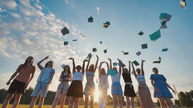 Group of cheerful students throwing their notebooks in the air, celebrating the end of the school year at sunset