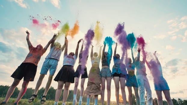 Group of cheerful school friends jumping and throwing colorful powder in the air against a sunset sky, celebrating friendship and creating vibrant memories