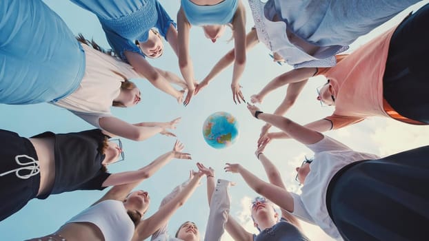 Group of school friends reaching for a globe against blue sky, symbolizing global unity, environmental awareness, and international cooperation