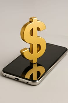 Large gold dollar symbol placed on modern smartphone surface. AI generation.