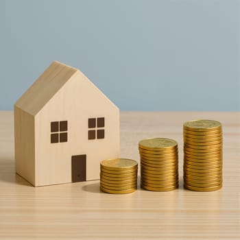 Mini house model with stacked coins symbolizes real estate value. AI generation.