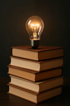Glowing light bulb resting on a stack of books. AI generation.