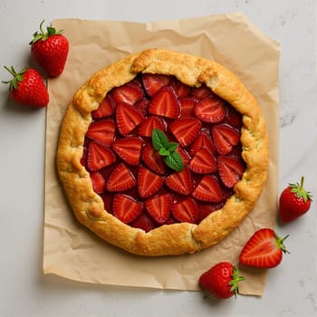 Rustic tart filled with fresh sliced strawberries on parchment. AI generation.