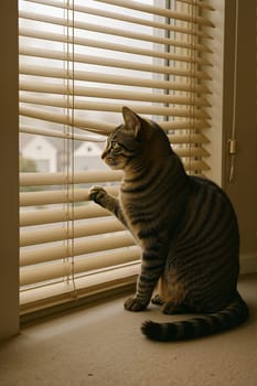 Tabby cat looking outside through window blinds. AI generation.