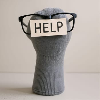 Gray sock puppet with glasses holding help sign. AI generation.
