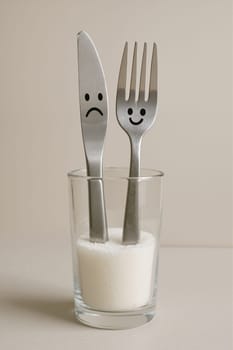 Utensils with sad faces in a glass filled with milk. AI generation.