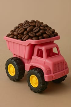 Plastic toy truck filled with roasted coffee beans. AI generation.