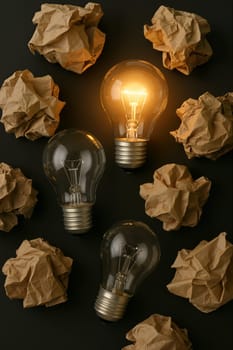 Lightbulb surrounded by crumpled brown paper on dark surface. AI generation.