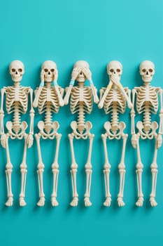 Multiple plastic skeletons lying in a row on blue background. AI generation.