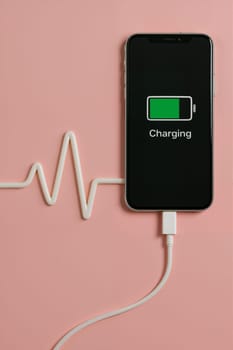 Smartphone charging with animated heart rate line. AI generation.
