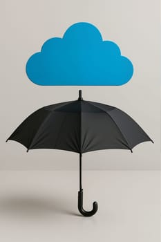 Blue cloud hovering over open umbrella indoors. AI generation.