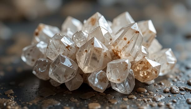 Crystals of white quartz on a dark background close-up