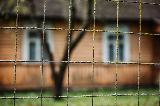 Rusty wire mesh fence with lichen growing on it is covering old wooden house