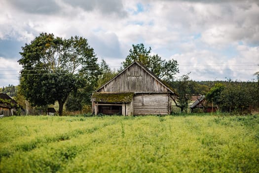 Old abandoned wooden barn with moss-covered roof standing in a green field under a cloudy sky