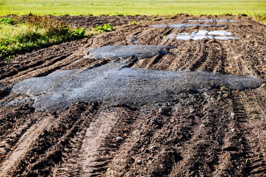 Puddles reflecting sky on a muddy field road creating tire tracks after rain